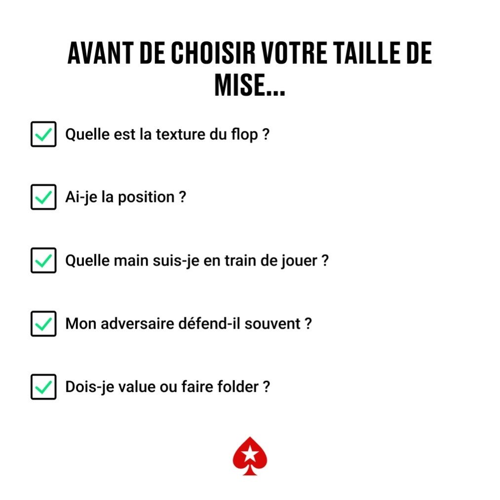 Liste de contrôle pour ajuster le sizing du c-bet au poker