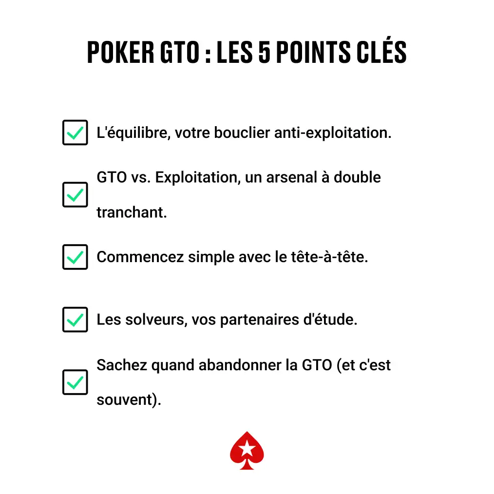 Checklist des concepts clés du poker GTO : équilibre, exploitation, simplicité, solveurs et adaptation