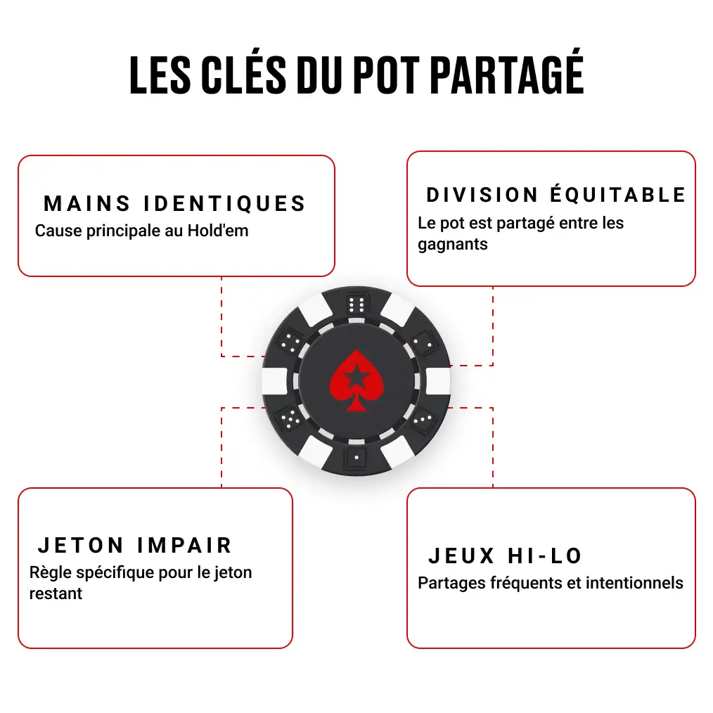 Infographie résumant les aspects clés des pots partagés au poker : mains identiques, division équitable, règle du jeton impair, et jeux Hi-Lo.